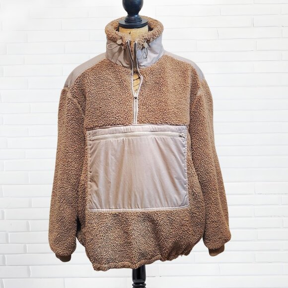 H&M Brown Sherpa Fleece Half-Zip Pullover Jacket | Oversized Teddy Zip Pocket - Picture 2 of 9